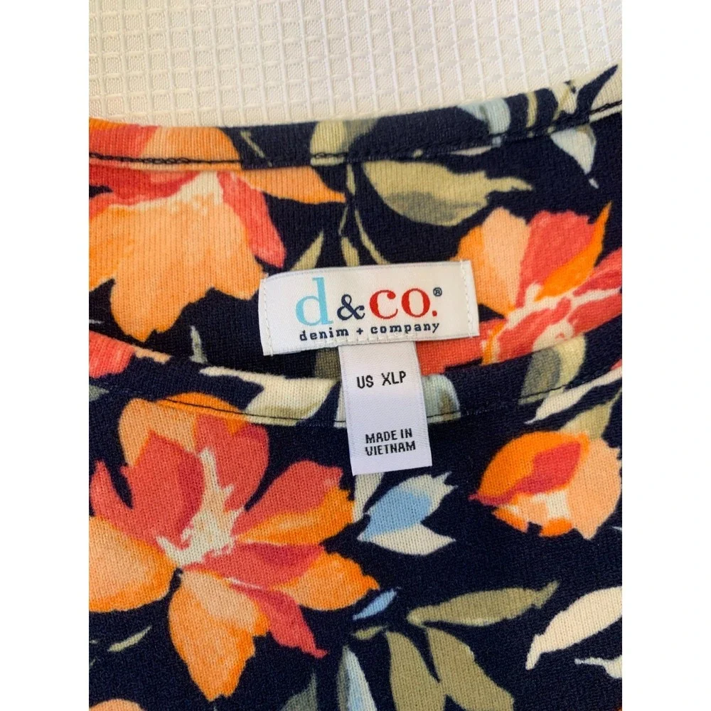 (F-185)Denim & Co Floral Tunic Top Women's Petite XL Navy Orange Long Sleeve QVC